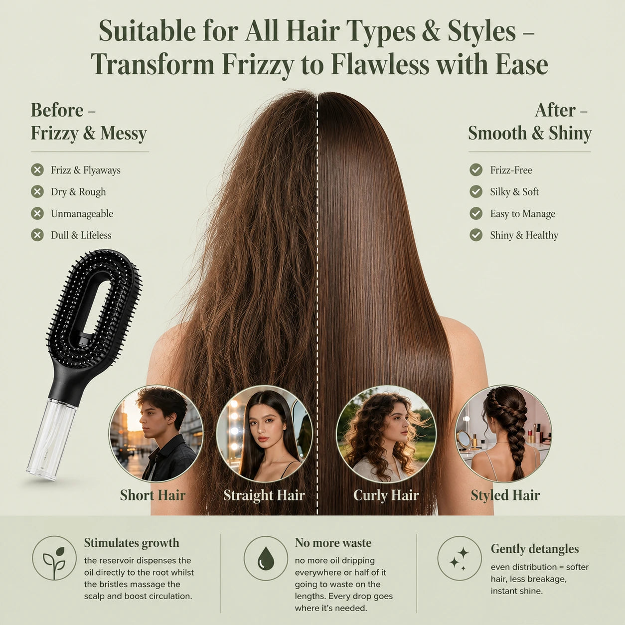 Before and after comparison of hair transformation with a hairbrush and its benefits for different hair types.