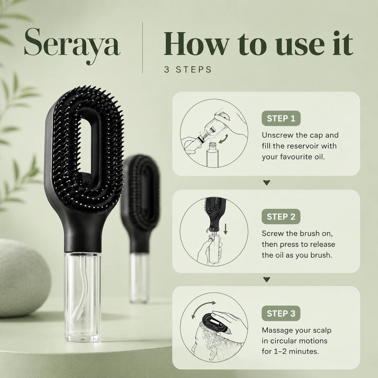 Seraya hairbrush with usage instructions on a light green background