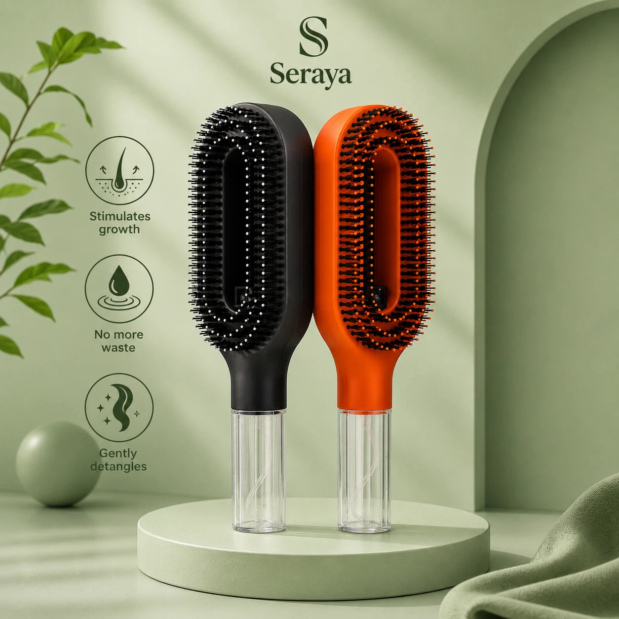 Two hairbrushes, one black and one orange, on a green background with Seraya branding.